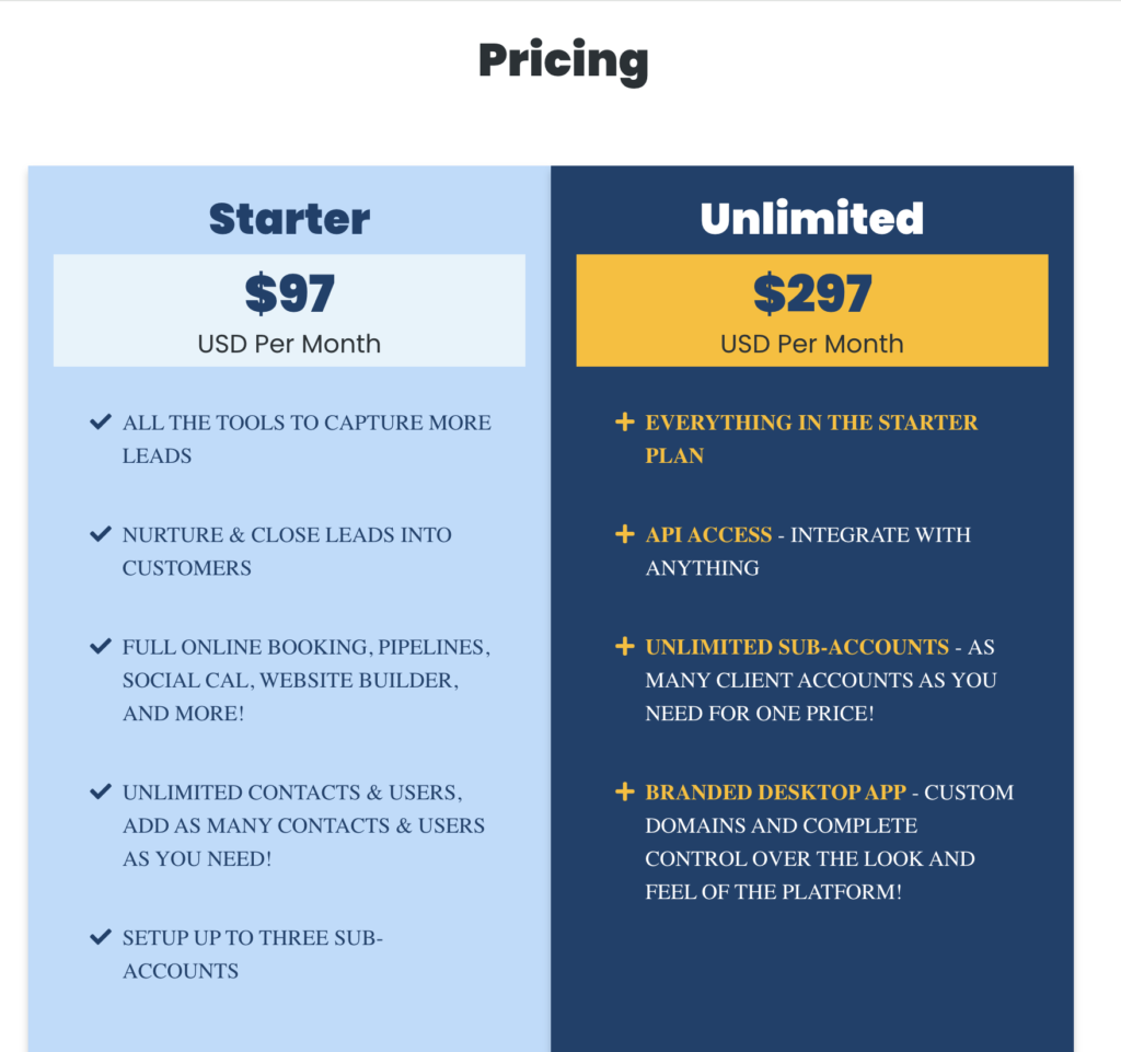 gohighlevel pricing plan table
