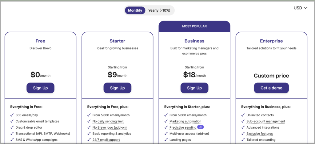 Brevo pricing plan comparison