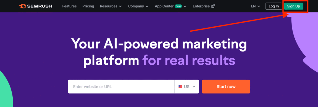 screenshot showing the sign up process of semrush free plan to start for free
