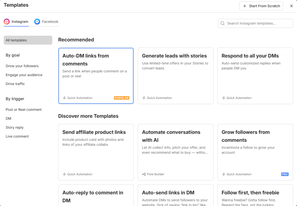 the picture show the manychat automation selection to start and select the right automation to do welcome messages to new followers on instagram